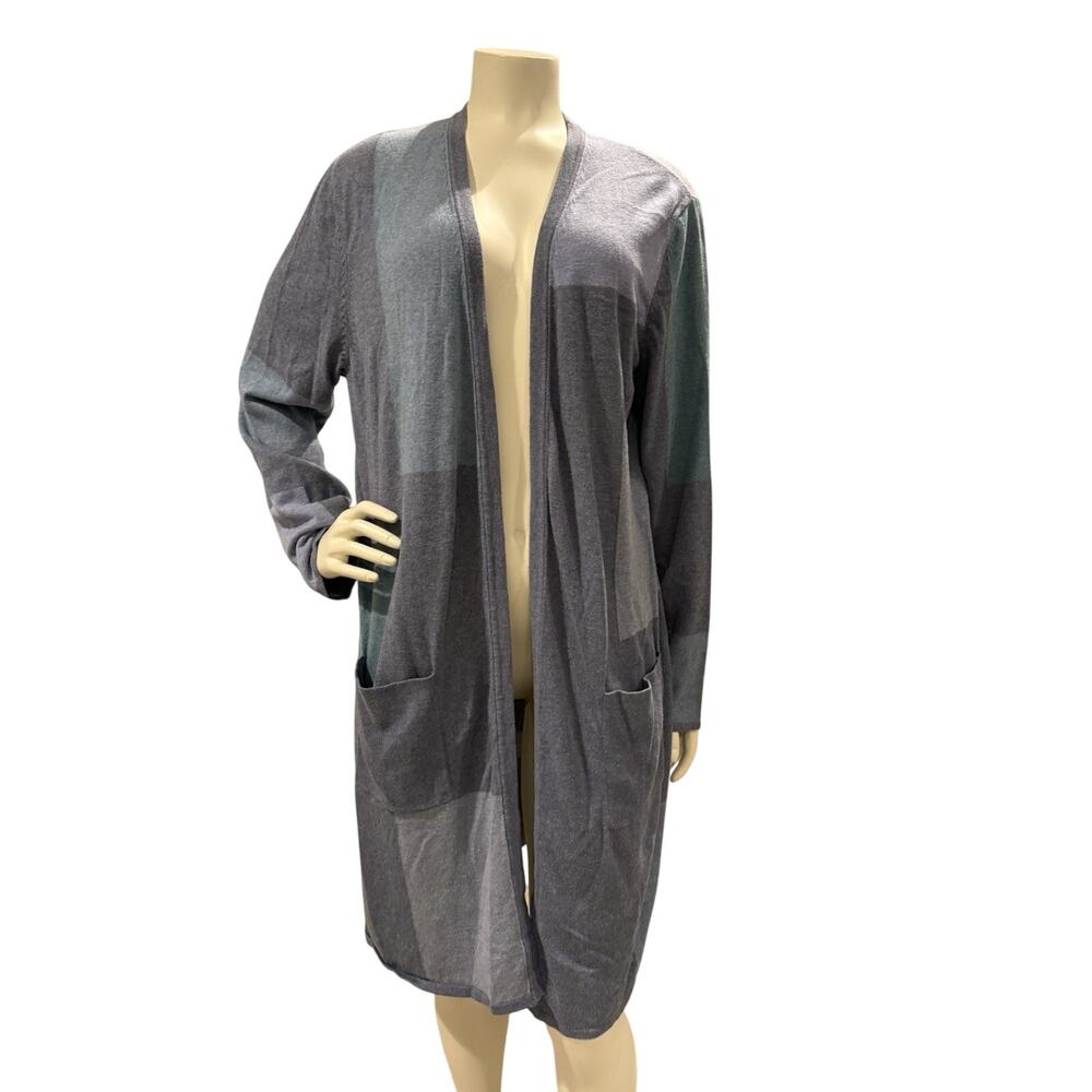 J. Jill Size L Women Color Block Long Duster Cardigan Jacket Patch Pockets Blue